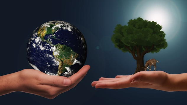 Building a Sane and Just Society two hands reaching for one another - one hand holding planet earth, the other holding a tree
